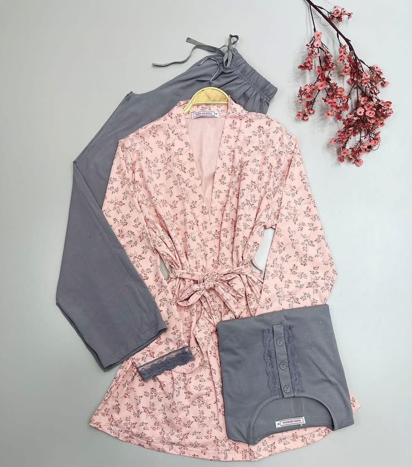 طقم ملابس نوم منزلي (روب كيمونو + توب دانتيل + بنطلون) متوفر بعدة ألوان